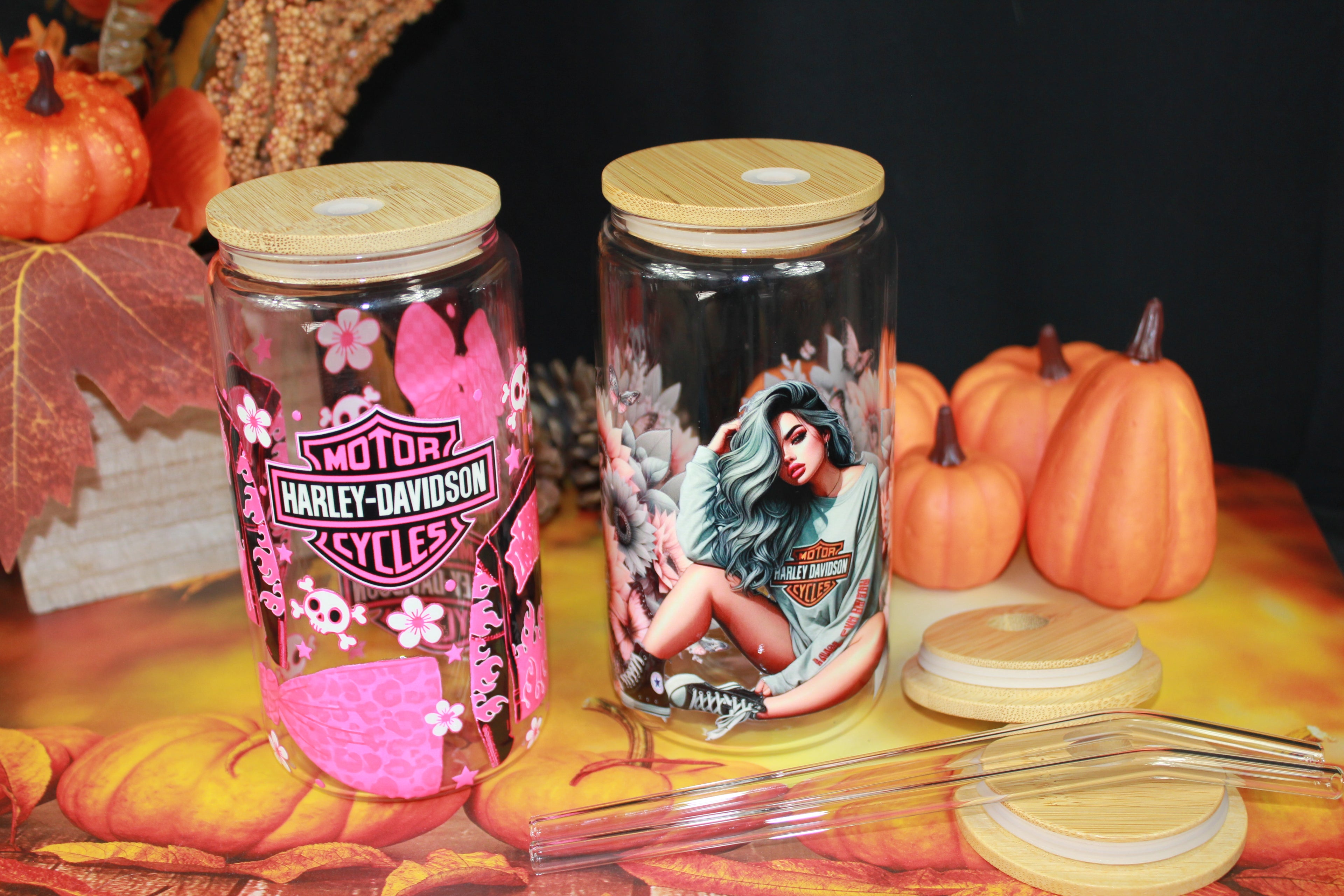 Pack Duo Verres Harley-Davidson – Design Rose + Illustration Femme | 2x 16oz avec couvercle & paille - Beauty Nini