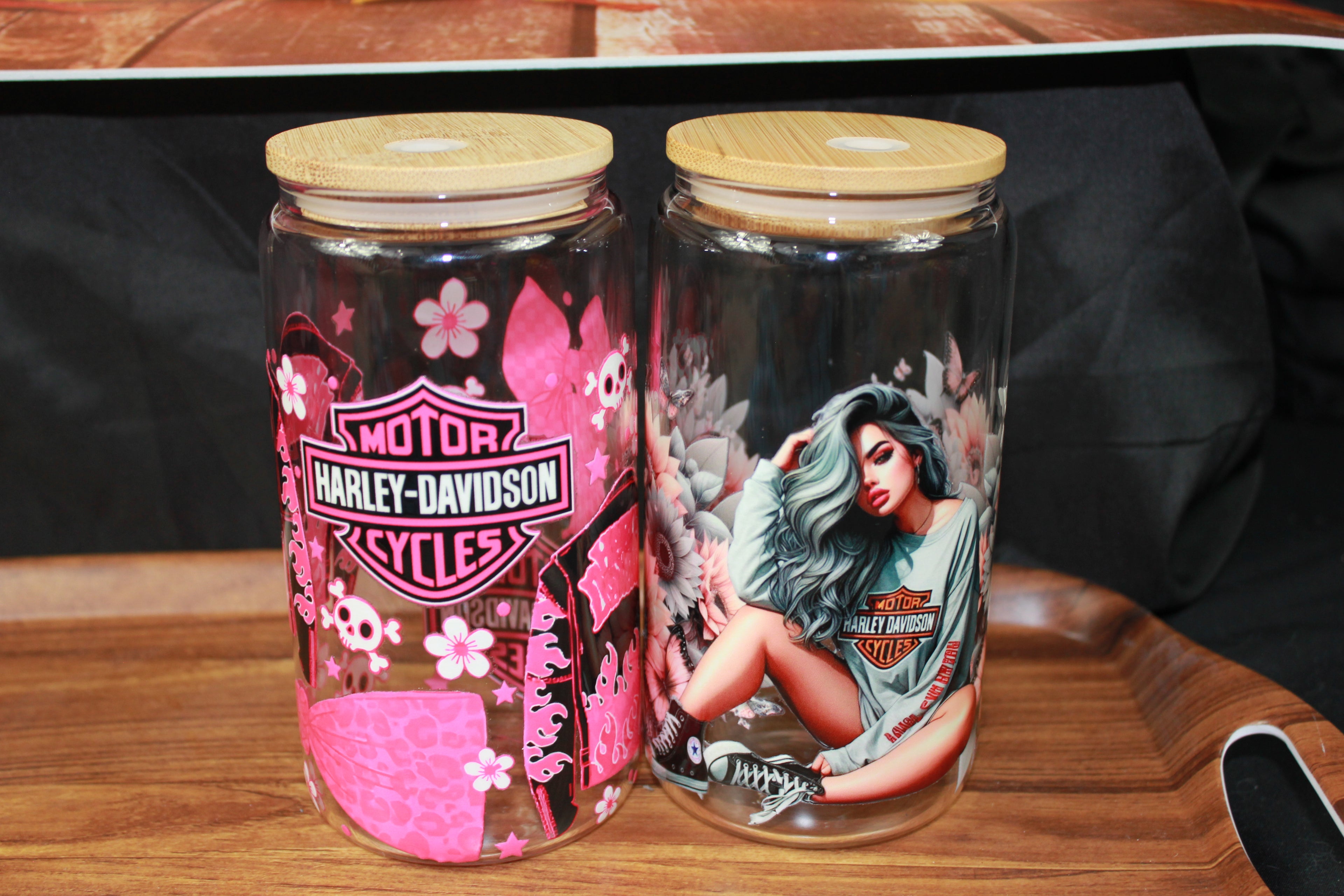 Pack Duo Verres Harley-Davidson – Design Rose + Illustration Femme | 2x 16oz avec couvercle & paille - Beauty Nini