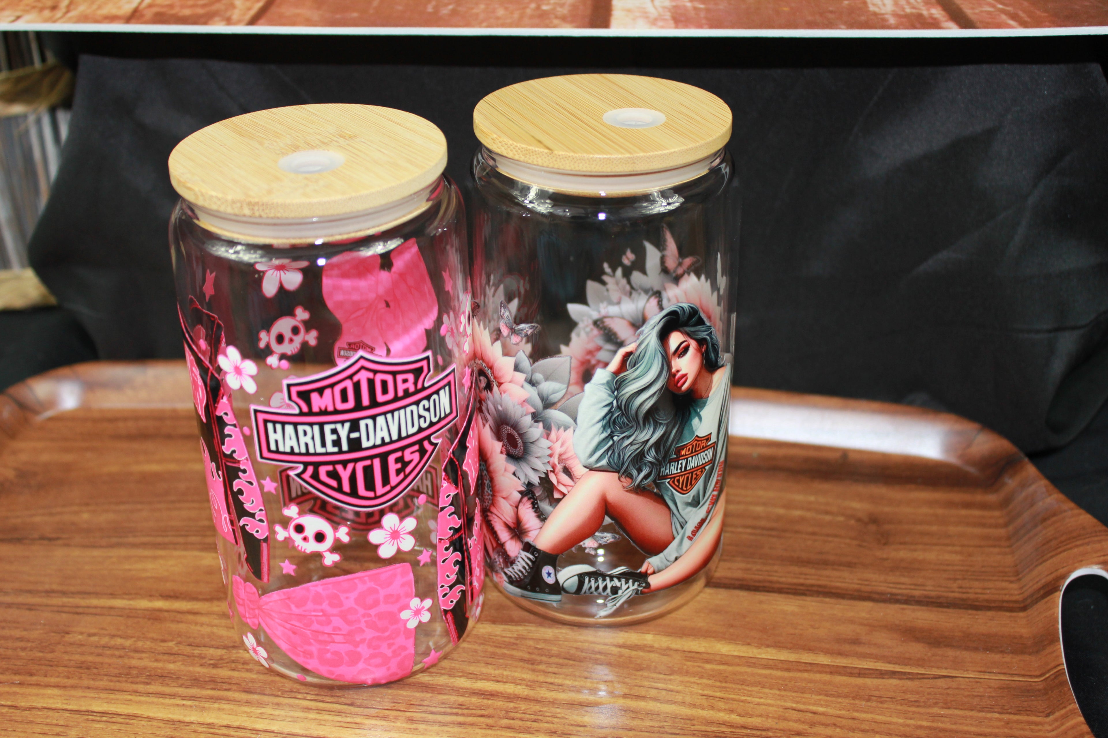 Pack Duo Verres Harley-Davidson – Design Rose + Illustration Femme | 2x 16oz avec couvercle & paille - Beauty Nini