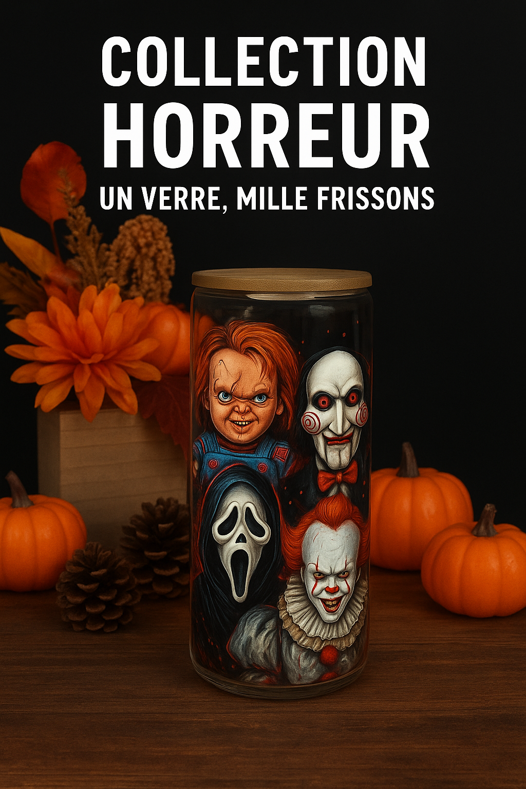 Verre en verre 16oz Pennywise Glam – Mug horreur avec couvercle bambou & paille réutilisable – Cadeau Halloween / Film d’horreur - Beauty Nini