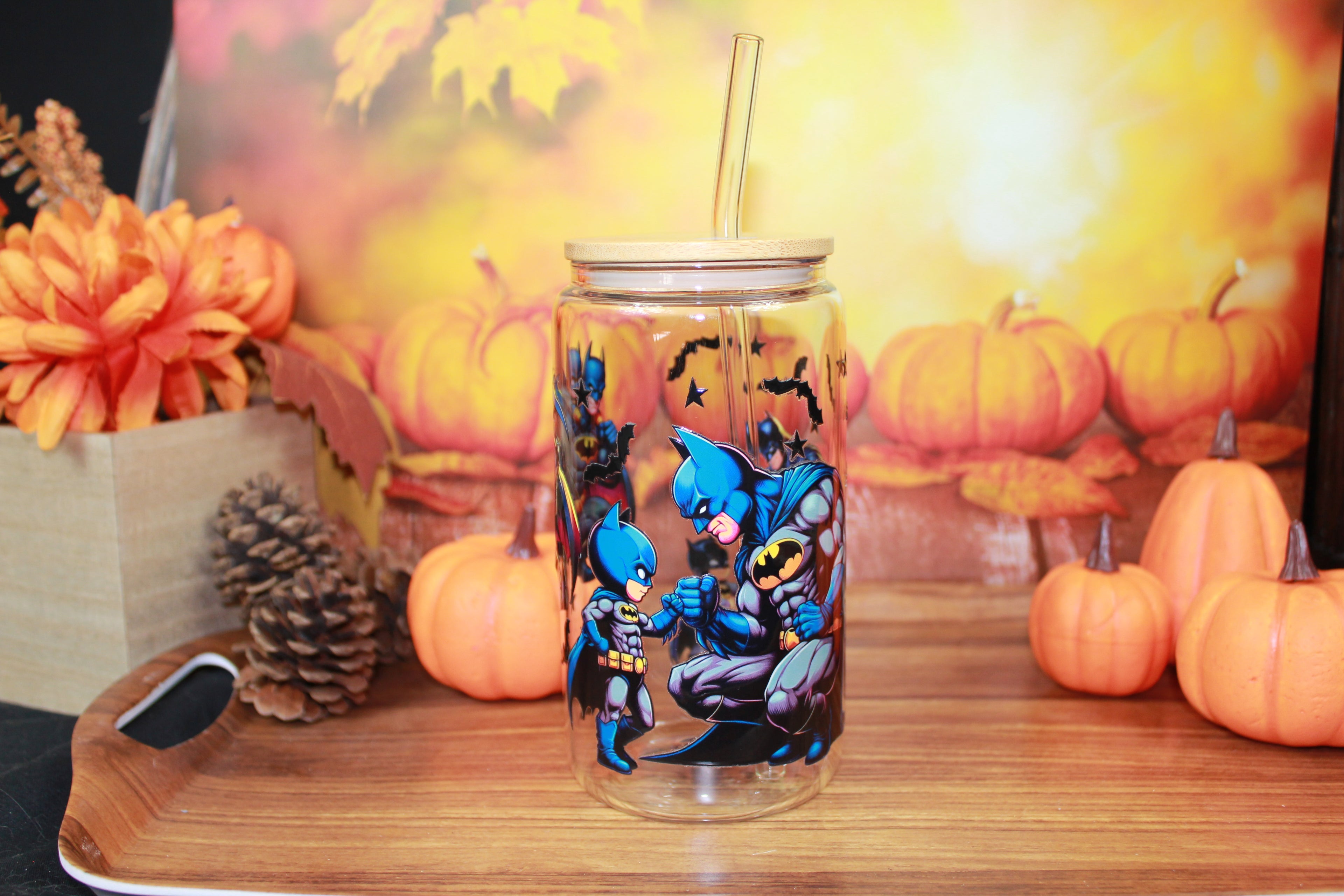 Verre en verre borosilicate Batman 🦇 avec couvercle bambou & paille réutilisable - Beauty Nini