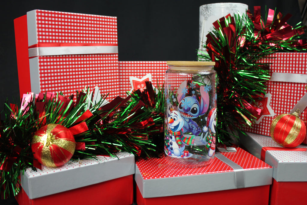 Verre réutilisable Stitch & Olaf ❄️ – Édition festive avec paille en verre et couvercle bambou - Beauty Nini